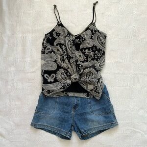 Chase Black Tan Gold Sparkle Bohemian Paisley Floral Sheer Tank Top, Size Small